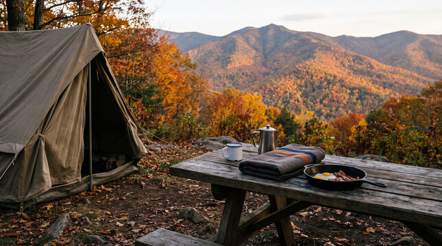 Canvas camping tent stands near wooden table with breakfast skillet and warm coffee mug overlooking beautiful vibrant autumn mountain forest