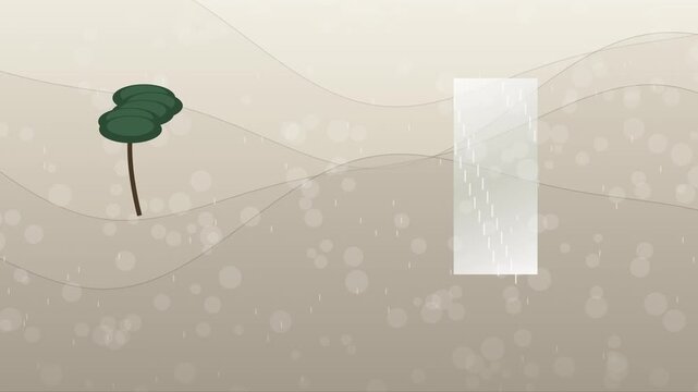 Minimalist landscape with a stylized tree and abstract rain