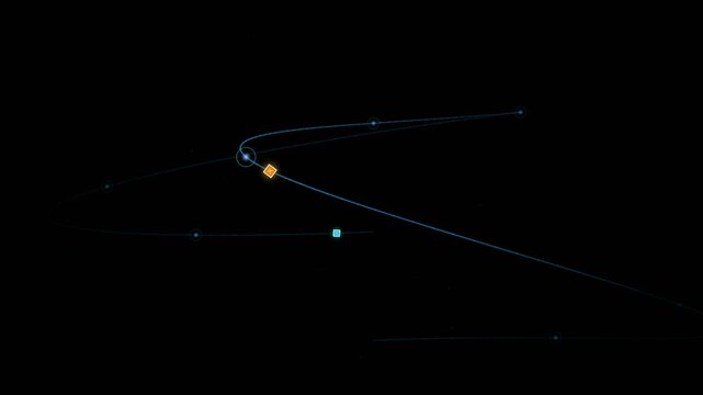 Abstract digital representation of orbital mechanics and space navigation paths with glowing nodes and trajectory lines on a dark background