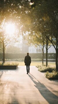A solitary man in a suit walks along a sunlit park pathway surrounded by lush green trees, casting long shadows in the golden morning light. Urban tranquility and peaceful solitude blend seamlessly