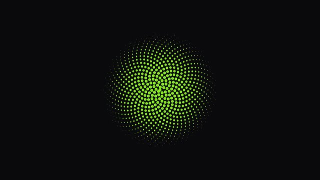 Abstract green halftone dot spiral on a dark background, circular vortex pattern, radial dotted digital texture