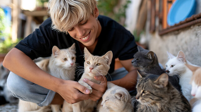 Young volunteer sitting on the floor surrounded by rescued cats, animal shelter, compassion, youth volunteering, pet adoption, humane care, authentic lifestyle photography, with