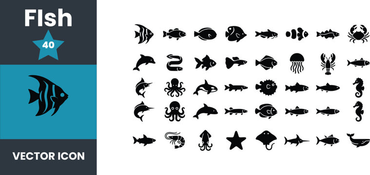 Marine life and fish species vector icon set for oceanography design