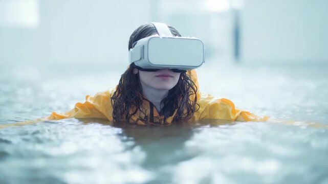 A young woman wearing a yellow raincoat and virtual reality headset stands immersed in water, blending technology and nature. Futuristic concept of digital immersion and augmented experiences