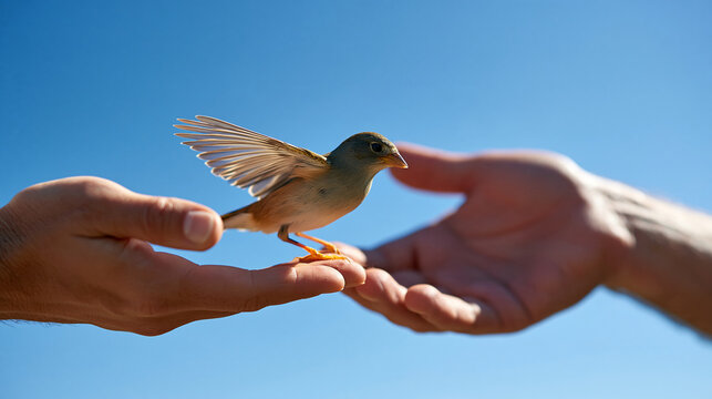 Close-up of hands releasing a rehabilitated bird into the open sky, wildlife rescue, freedom, conservation, animal welfare, hopeful environmental story, cinematic natural light,