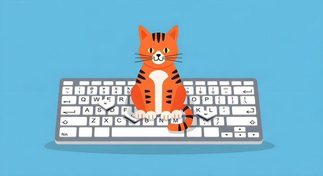 Playful tiger cat sitting on a modern keyboard with a relaxed and creative workspace vibe