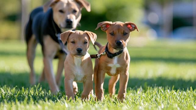 Rescue dog and puppy walking together through a safe green landscape, animal adoption, second chance, shelter rescue, companionship, responsible pet ownership, emotional realistic