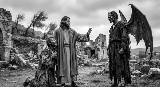 Dramatic black and white biblical scene of Jesus Christ protecting a kneeling man from a horned winged demon among ancient ruins