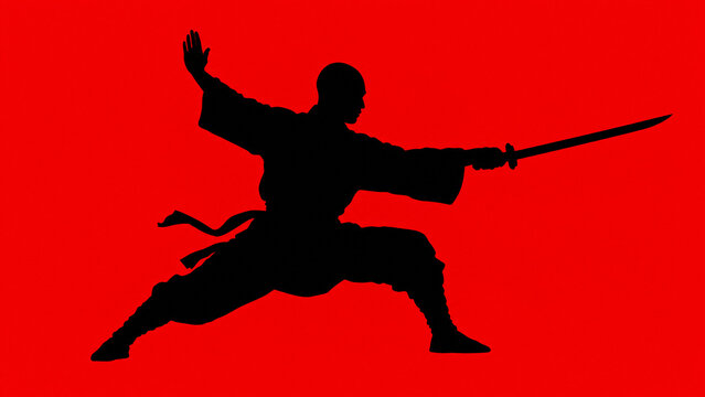 A bold black silhouette of a bald shaolin monk wielding a traditional straight sword in a sharp combat stance over a vibrant red background. powerful martial arts, minimal creative poster.