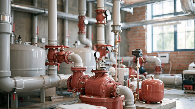 Red Pumps And Industrial Piping In Mechanical Room