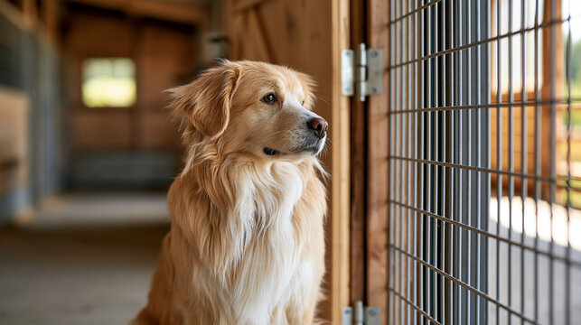 Rescued dog standing beside an open kennel door looking toward daylight, freedom, adoption, animal welfare, second chance, shelter rescue, emotional realistic photography, with