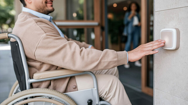 Wheelchair User Pressing Automatic Door Accessibility Button