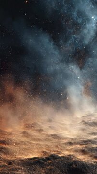 Stunning cosmic dust clouds illuminated by distant stars create a mesmerizing interstellar landscape. Deep space elements blend with glowing particles for a surreal, dreamy atmosphere