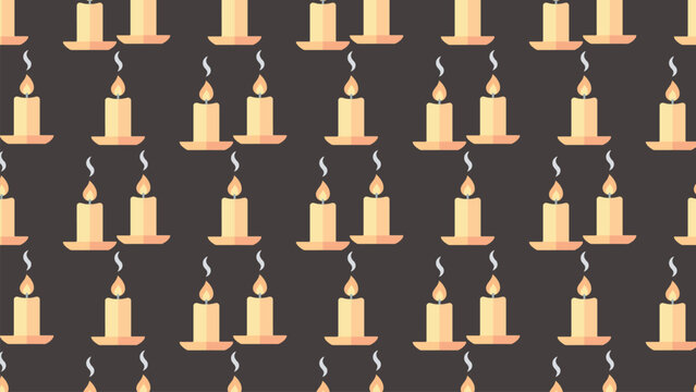 Seamless candle pattern with lit cream candles on holders and rising smoke on dark charcoal background in flat vector