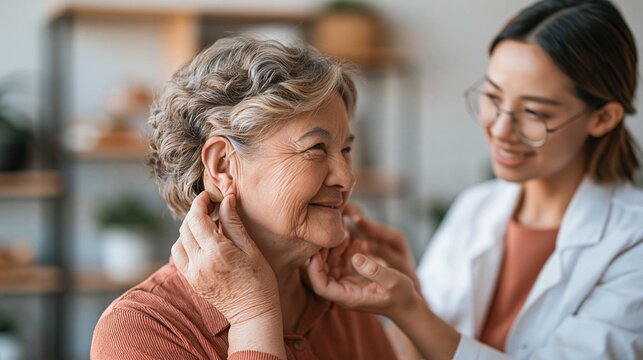 Senior Woman Adjusting Hearing Aid With Audiologist