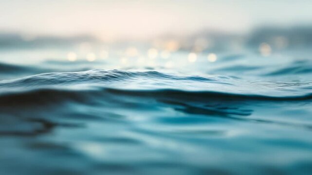 Serene close up view of gentle ocean waves with soft sunlight reflecting on the water surface. Tranquil seascape background capturing peaceful aquatic textures and natural beauty