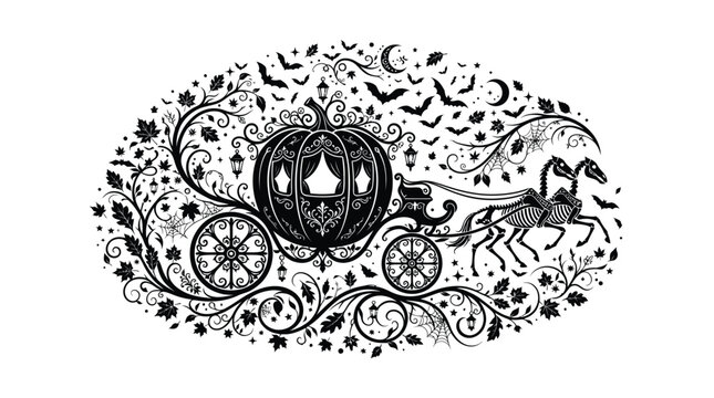 Spooky pumpkin carriage silhouette featuring skeletal horses flying with bats and detailed intricate ornamental foliage patterns