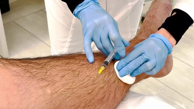  Horizontal 16:9. Close‑up: a healthcare professional wearing blue gloves gives an injection with a syringe containing yellow solution into the medial ankle/ankle joint area of an adult patient.