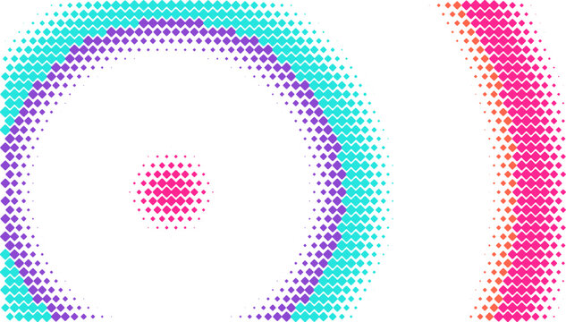 Concentric circles in cyan, purple, and pink with a pixelated texture, radiating outward from a central point on a solid black background