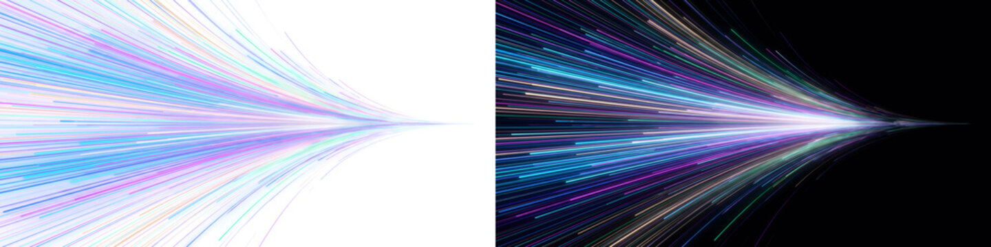 Abstract Glowing Light Trails and Fast Motion Lines on Split Black and White Background