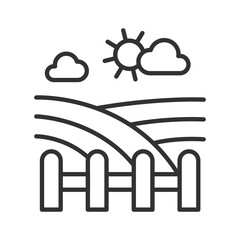 Fototapeta premium Rural landscape with fence and sun icon in line design. Farm, nature, field, sun, clouds, village, countryside, agriculture on white background vector. Rural landscape editable stroke icon