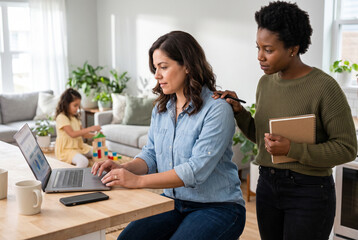 Obraz premium Two mothers planning household activities while daughter plays with blocks