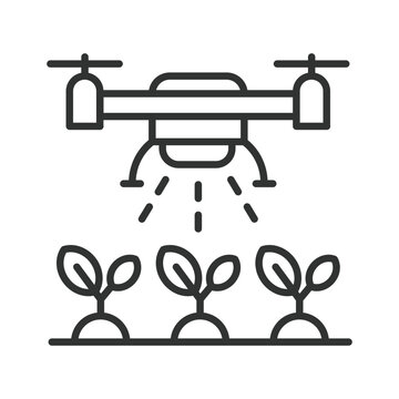 Smart farming drone icon in line design. Smart farming, drone, agriculture, precision farming, plant, spray on white background vector. Smart farming editable stroke icon.