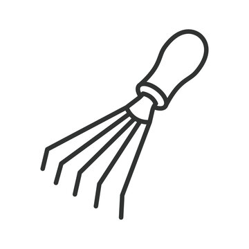 Hand rake icon in line design. Hand rake, garden tool, gardening equipment, agriculture, soil cultivation, farm work, manual instrument on white background vector. Hand rake editable stroke icon.