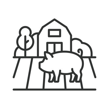 Farm with pig icon in line design. Farm, agriculture, livestock, rural life, pig animal, barn house, field nature on white background vector. Farm with pig editable stroke icon.