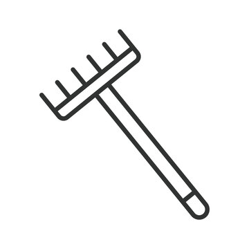 Garden rake icon in line design. Garden rake, gardening tool, agriculture, soil cultivation, farm work, manual instrument, metal handle on white background vector. Garden rake editable stroke icon.