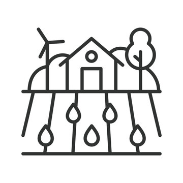 Green farm drip irrigation, icon in line design. green farm drip irrigation, drip irrigation, farm watering system, sustainable irrigation on white background vector. Editable stroke icon.