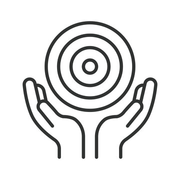 Hands holding target goal icon in line design. Hands target goal aim focus achievement success on white background vector. Goal achievement editable stroke icon