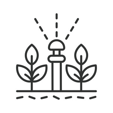 Irrigation system icon in line design. Irrigation system, watering plants, agriculture, gardening, water spray, sprinkler farm, crop growth on white background vector. Irrigation system editable strok