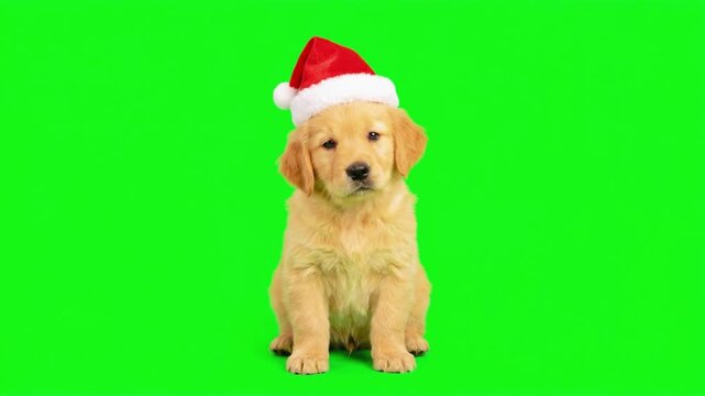 Golden retriever puppy wearing a red Santa hat sitting against a solid green screen background