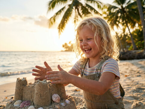 A giggling blonde child crowns a sandy tower with shells at the water&rsquo;s edge. Concept of golden-hour joy and seaside imagination.