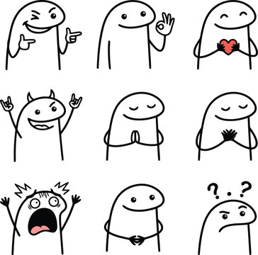 Set of cute flork meme characters with various funny expressions and gestures