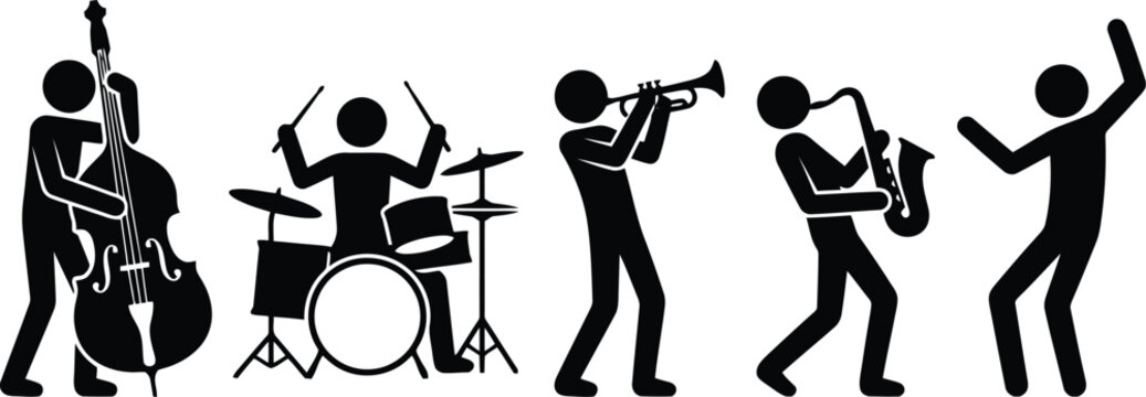 Jazz band silhouette with musicians playing double bass, drums, trumpet, saxophone and a dancing person