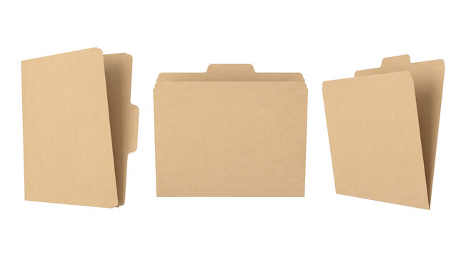 Beige manila paper file folders with tabs mockup set, office document organizing isolated on transparent background