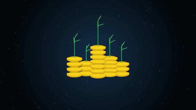 Animated gold coin stacks with growing sprouts for financial growth and investment concepts