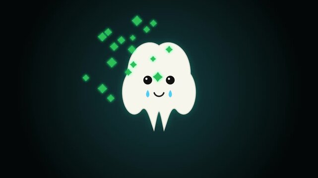 Cute animated tooth character with digital pixel particles dental health motion 