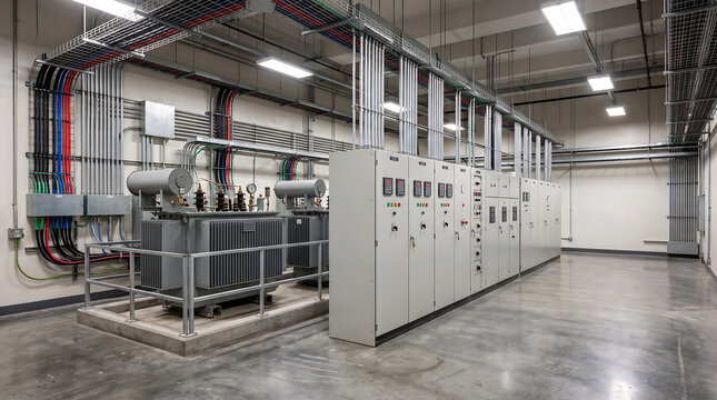 Industrial transformer beside a long row of switchgear cabinets and overhead cables