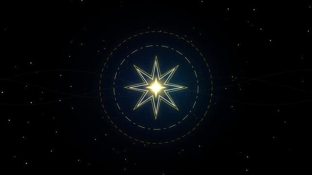 Abstract glowing geometric star animation with rotating circular orbits