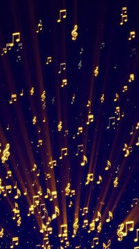 golden music note and shiny glittering gold stars with light rays animation , musical concert and song vertical social media motion background