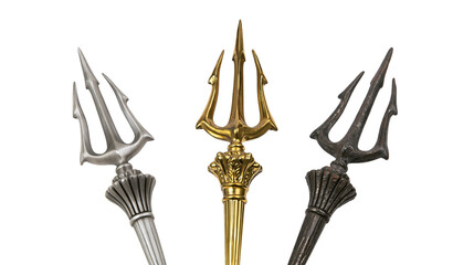 Isolated decorative three-pronged metal tridents in silver, gold, and antique bronze finishes © Aoife
