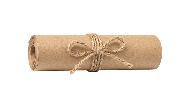 Rolled brown kraft paper scroll tied with jute twine, message document mockup isolated on transparent background