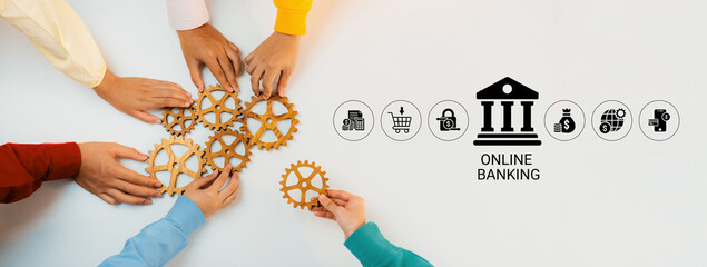 Obraz premium Collaboration in Online Banking Concept with Hands Joining Gears and Digital Banking Icons on White Background. Glyphic.