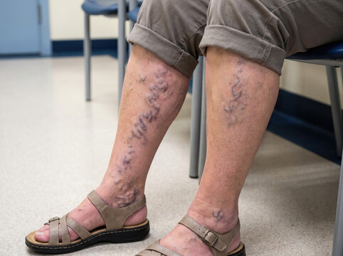 Seated lower legs with rolled trousers show winding blue veins in a clinic waiting area. Concept of seeking care and attentive leg health.