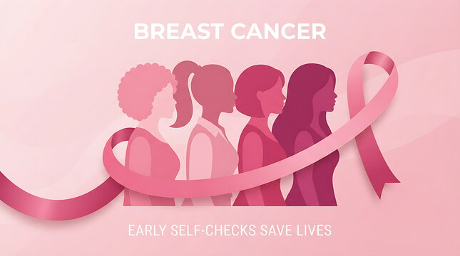 Breast cancer awareness ribbon with silhouettes of women in shades of pink