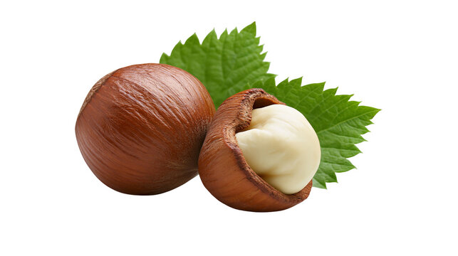 Isolated natural fresh hazelnuts with green leaves, one shelled and ready to eat, healthy snack