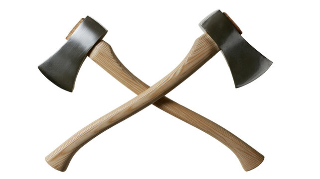 Isolated classic woodcutting axes with wooden handles and shiny metal blades crossed over